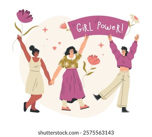 Strong Woman Character Together Hold Ribbon and Flower Have Power as Feminism Vector Illustration