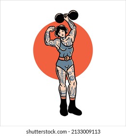 strong woman circus tattoo vector design