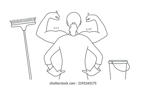 Strong woman. Cleaning service concept. Hand drawn vector illustration. Black and white.