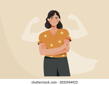 Strong woman concept. Confident, happy female character with shadow showing off her biceps. Metaphor for feminism and independence. Cartoon flat vector illustration isolated on beige background