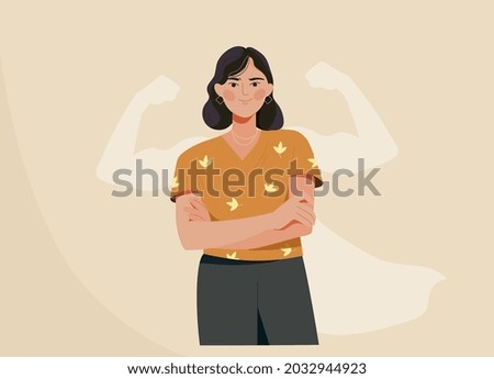 Strong woman concept. Confident, happy female character with shadow showing off her biceps. Metaphor for feminism and independence. Cartoon flat vector illustration isolated on beige background