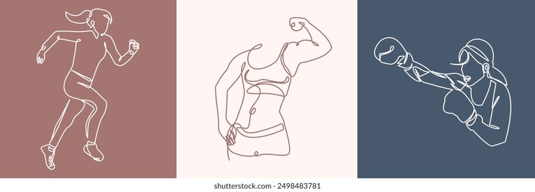 Strong Woman Continuous Line Drawing. Sport Concept Minimalist Trendy Illustration. Woman in Sport One Line Drawing for Wall Art, Print, Social Media, Poster, Branding Design. Vector EPS