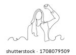 Strong woman continuous one line drawing. Continuous one line drawing long hair girl power pose. beautiful woman protesting vector