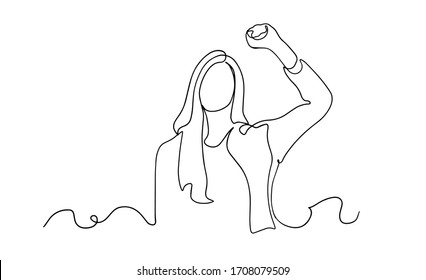 Strong woman continuous one line drawing. Continuous one line drawing long hair girl power pose. beautiful woman protesting vector