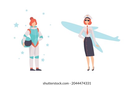 Strong Woman in Cosmonaut Suit and Pilot Uniform Vector Set