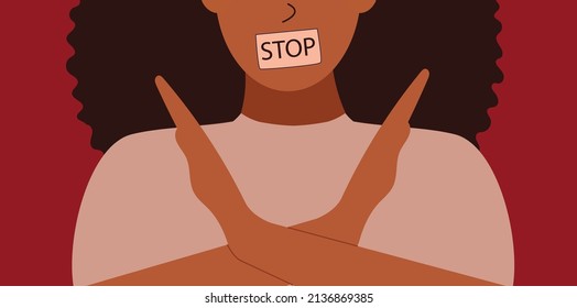 Strong woman crossed hands to protest and protect herself. Activist female stands for gender equality, women's rights. Concept of woman empowerment, discrimination and violence. Vector illustration.
