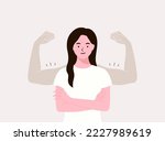 Strong woman. Cute girl and muscle arms behind her. Independence, self mind and business. Confident lady. Successful self-made lady show strength and leadership. Flat vector illustration Simple style.