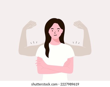 Strong woman. Cute girl and muscle arms behind her. Independence, self mind and business. Confident lady. Successful self-made lady show strength and leadership. Flat vector illustration Simple style.