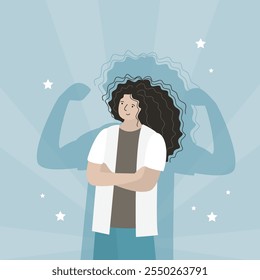 Mujer fuerte. Linda chica y brazos musculosos detrás de ella. Independencia, autoestima y negocios. Feminismo, señora confiada. Exitosa señora hecha a sí misma muestra fuerza y liderazgo. Ilustración vectorial plana