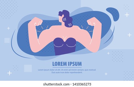 Strong Woman Demonstrating Muscles Web Banner. Fitness Trainer Showing Biceps Flat Character. Bodybuilders Competition Poster with Text Space. Feminism, Girl Power, Gender Equality Symbol