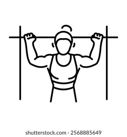 A strong woman doing exercise with hanging bar icon in linear style 