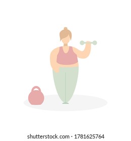 Strong woman doing fitness. Workout with dumbbell and weight. Body positive woman. Vector flat illustration isolated on white background. 