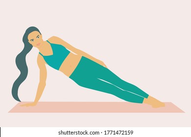 Strong woman doing side plank over the exercise mat 