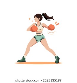 Mujer fuerte comprometida en un boxeo. Boxeadora joven feliz activa en el entrenamiento de la ropa deportiva. Ilustración vectorial plana de dibujos animados aislada en blanco.