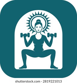 strong woman exercising with weights; dynamic pose under radiant sun halo; representing healthy lifestyle, powerful workout, and body strength.