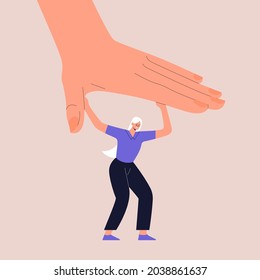 A strong woman fight with a huge hand that tries to crush her. The concept of social pressure, patriarchy, feminism, psychological diseases and health. Vector illustration in flat style. Eps 10.