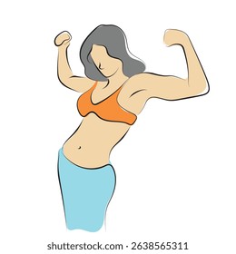 Strong woman flexing muscles illustration vector hand drawn with black lines isolated on white background.