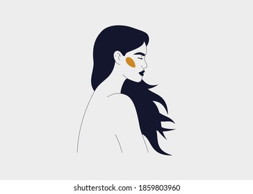 Mujer fuerte con un retrato de vista lateral de pelo largo. Silhouette de la hembra con los ojos cerrados. Concepto de atención y amor propio. Ilustración lineal del vector