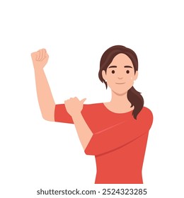 Mujer fuerte que hace gestos con el puño apretado. Ilustración vectorial plana aislada sobre fondo blanco