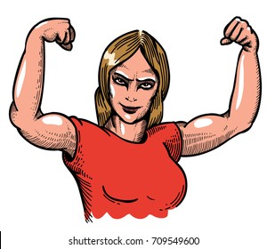 Strong woman hand drawn image. Original colorful artwork, comic childish style drawing.