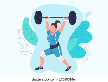 Strong woman lifting barbell flat color vector faceless character. Female athlete, weightlifter training isolated cartoon illustration for web graphic design and animation. Bodybuilding exercise