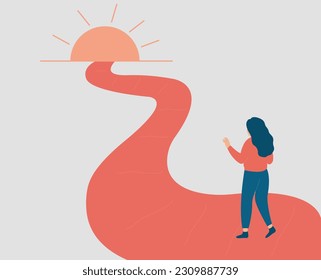 Strong woman makes the first step to her life goals. Confident female goes forward to freedom and independence. Woman trying to achieve her dreams, objectives. Personal growth and development concept.