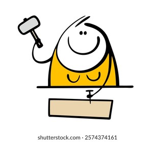 Strong woman makes handicrafts out of wood, hammers a nail into a board on the table. Vector illustration of a skillful stickman with a hammer at work. Isolated female cartoon character on white.