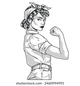 Strong woman monochrome pin-up element with independent lady showing biceps to prove readiness to fight for rights vector illustration