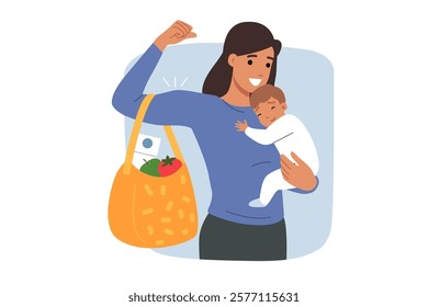 Strong woman, mother of baby, holds sleeping son in hand and carries bag with shopping and supermarket. Mother demonstrates skills of simultaneously traveling to grocery store or raising children