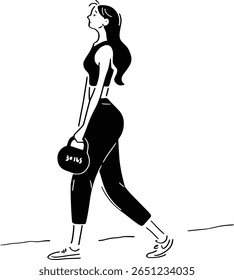 Uma mulher forte realizando um passeio de fazendeiro com uma chaleira. Ilustração minimalista da arte em linha de um exercício de aptidão funcional.