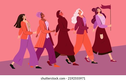 Strong woman power. Multiethnic girl and women walk in protest with flag, flight group on march, young attitude, hand drawn art, feminism concept. Vector illustration background