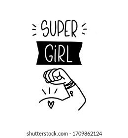 Strong woman and power quote vector design with Super girl handwritten lettering phrase and athlete biceps arm with a heart, feminine Venus symbol tattoo and bracelet clipart.