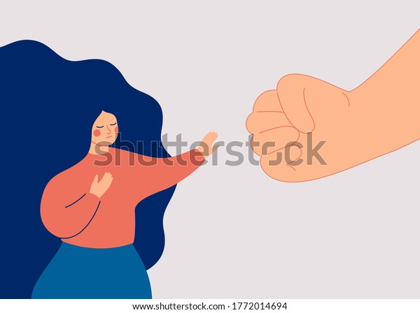 A strong woman protesting against domestic\
violence and female abuse. Stop violence against women. A big fist\
threatens a girl. Vector\
illustration