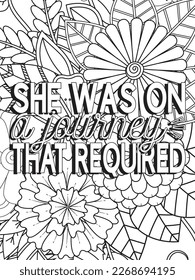 Strong woman quotes Flower Coloring Page 
Beautiful black and white illustration for adult coloring book
