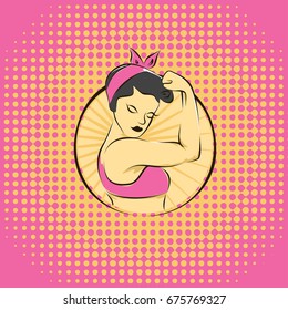 strong woman Rosie the Riveter illustration on halftone background and soft pop art style