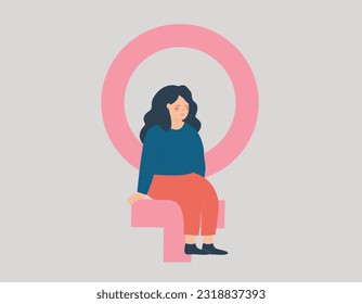 
Strong woman sits on a big female symbol. Confident teenage girl supports women empowerment and gender equality. Mother and women's day concept. Vector illustration
