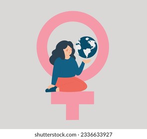 Strong woman sits on a big female symbol and holds the planet earth. Confident activist stands for women empowerment and cares about the planet and sustainable lifestyle. Vector stock