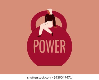 Strong woman sitting on a big kettlebell with text POWER on it. Confident female on a big pink dumbbell as a symbol of Girl power. Vector illustration for female empowerment.