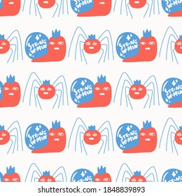 Strong woman snail and spider halloween party background pattern. Red and blue cute seamless pattern.