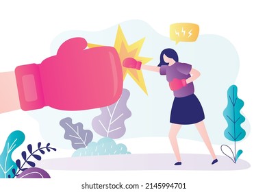 Strong woman in sports uniform and gloves practices kicks. Female character fighting with big glove. Boxing competition among athletes. Girl power. Sport challenge. Trendy flat vector illustration