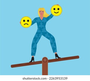 Strong woman taking control in balance for happiness. Vector illustration.