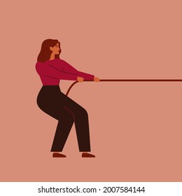 Strong woman tugs-of-war to herself. Girl pulls the rope with strength. Feminism and female empowerment movement concept. Vector illustration