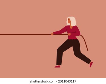 Strong woman tugs-of-war to herself. Girl pulls the rope with strength. Feminism and female empowerment movement concept. Vector illustration