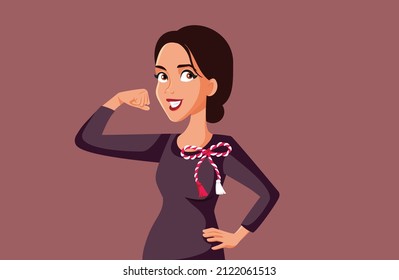

Strong Woman Wearing a Martenitsa Symbol Vector Illustration. Romanian girl celebrating a spring holiday in March
