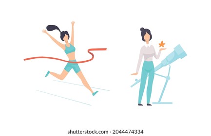 Strong Woman Winning Marathon and Engaged in Astronomy Watching Stars with Telescope Vector Set