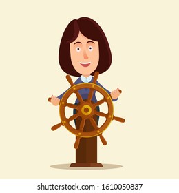 Strong woman. Young woman leader holding steering wheel of ship. Successful lady - captain, business leader. Business vector illustration, flat design, cartoon style. Isolated background.