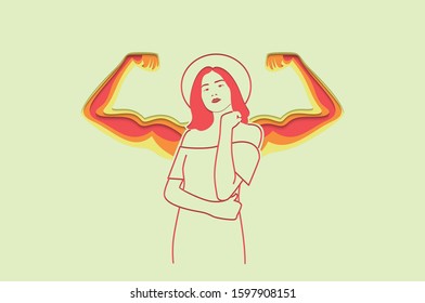 Strong women with arm muscles. Feminism, girl power, International Women's Day concept. Paper cut Vector illustration.