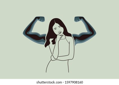 Strong women with arm muscles. Feminism, girl power, International Women's Day concept. Paper cut Vector illustration.