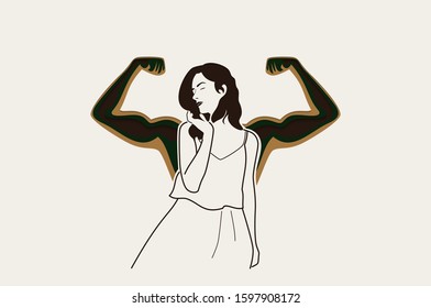 Strong women with arm muscles. Feminism, girl power, International Women's Day concept. Paper cut Vector illustration.