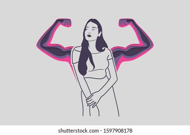 Strong women with arm muscles. Feminism, girl power, International Women's Day concept. Paper cut Vector illustration.